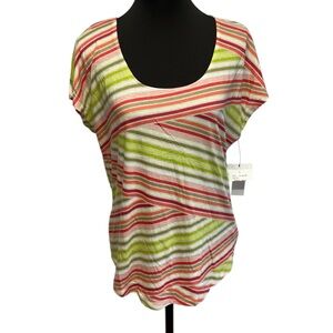 Liz Claiborne Coral Multi Stripes T-Shirt. Soft Comfy Vibrant